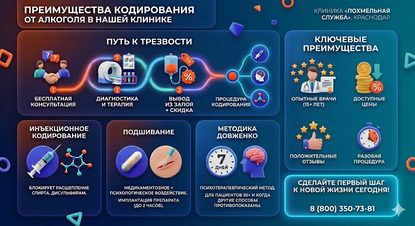 Инфографика о методах кодирования от алкоголя в Шаховской: инъекции, подшивание, метод Довженко. Преимущества клиники и этапы лечения.